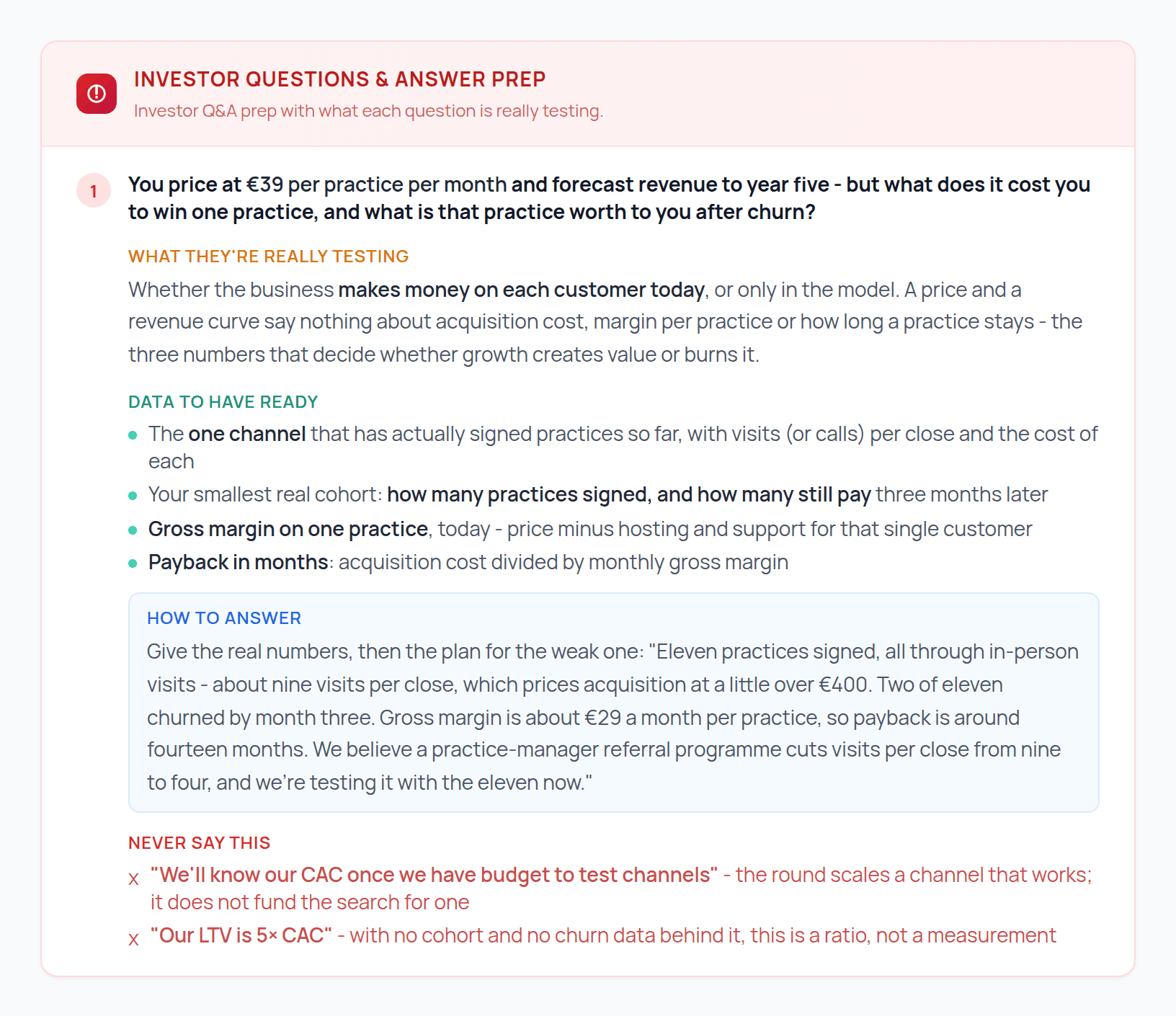The investor Q&A preparation section of a pitchera.ai readiness report: a unit economics question, what the investor is really testing, the data to have ready, a response framework and two red-flag answers.