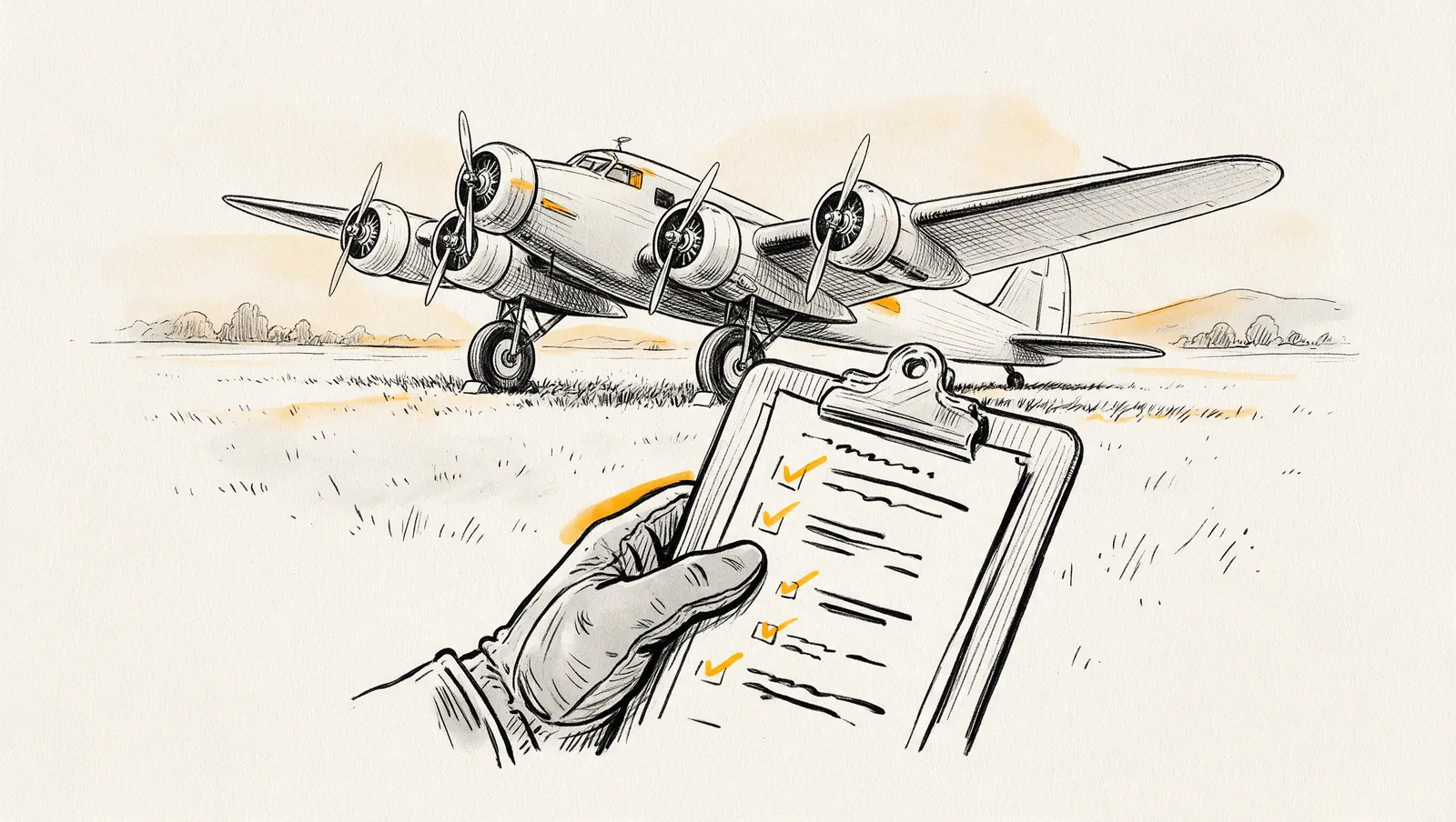 Ink drawing of a 1930s four-engine propeller aircraft on a grass airfield, with a gloved hand in the foreground holding a clipboard checklist marked with amber ticks.