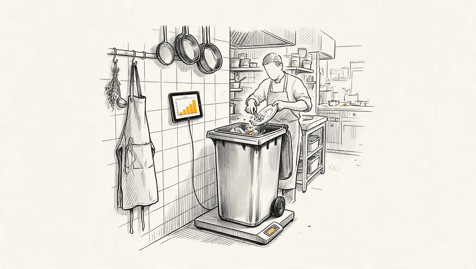 Ink drawing of a restaurant kitchen corner: a waste bin on a weighing platform, wired to a small wall tablet showing an amber bar chart, with a cook scraping a plate in the background.