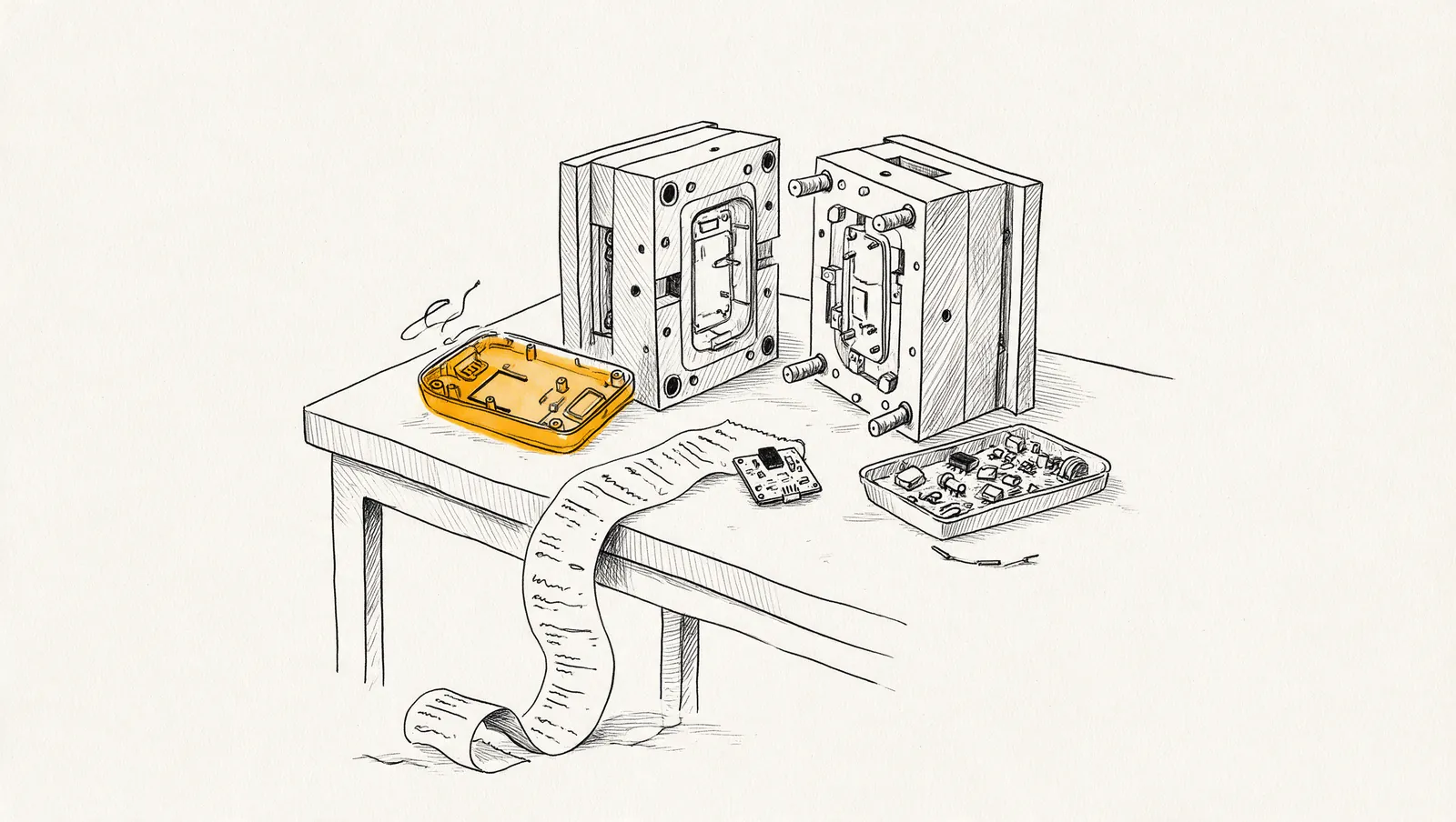 Ink drawing of a steel injection mould split open on a table, an amber plastic enclosure beside it, a circuit board, a tray of components and a long receipt curling to the floor.