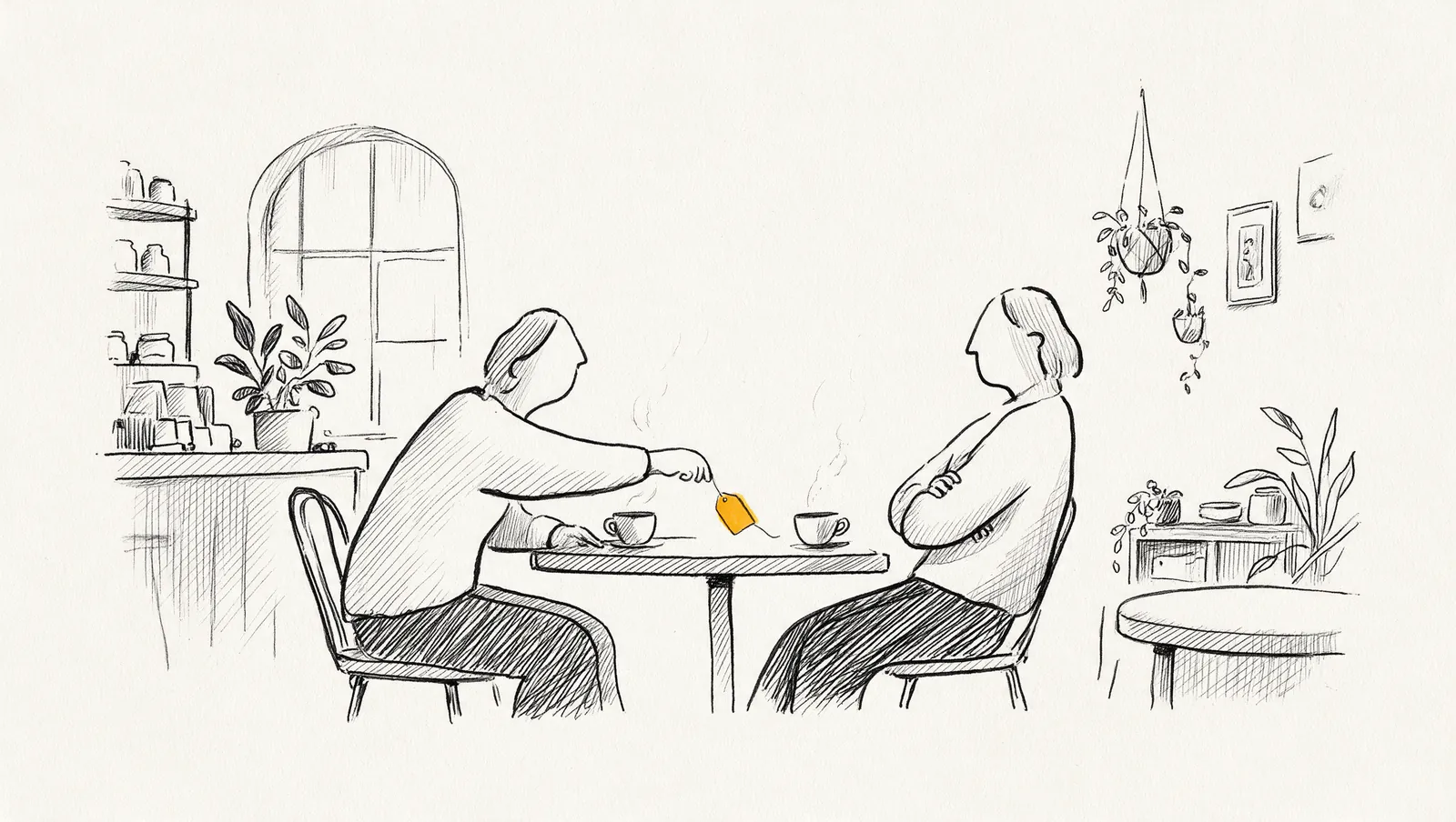 Ink drawing of two people at a cafe table; one slides a small amber price tag across, the other leans back with arms crossed.