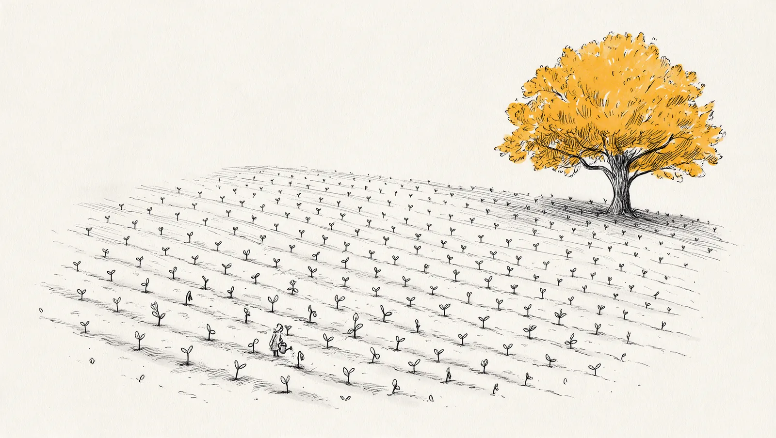 Ink drawing of a field of small seedlings in neat rows, most of them tiny, with a single enormous tree in amber leaf rising above the rest.