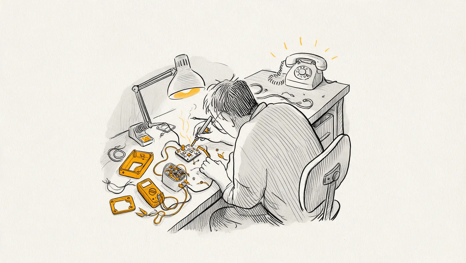 Ink drawing of an engineer bent over a workbench soldering a circuit board under a lamp, while an old telephone rings unanswered at the far end of the bench.