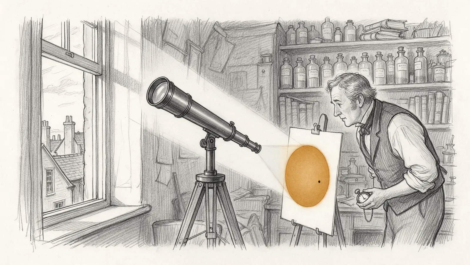 Ink drawing of a small telescope on a tripod pointed out of an open window, projecting an amber disc of the Sun onto a card on an easel behind its eyepiece. A country doctor in a waistcoat leans in to look at the card, pocket watch in hand. One tiny black dot sits on the disc near its edge.