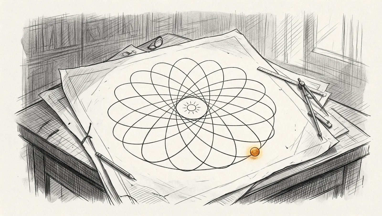 Ink drawing of a drafting sheet on a desk with one elliptical orbit drawn again and again, each turn rotated a little, forming a rosette around a small sun, with an amber planet on the outer loop.