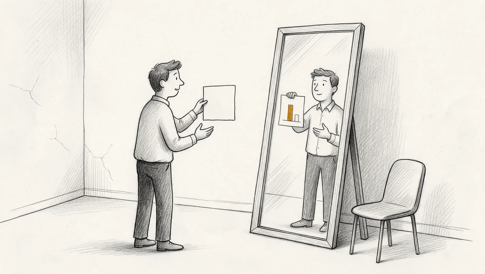 Ink drawing of a founder rehearsing a pitch in front of a tall mirror, holding a sheet up to the glass. Only the reflection shows what is on it, a bar chart with one amber bar, and the chair beside the mirror is empty.