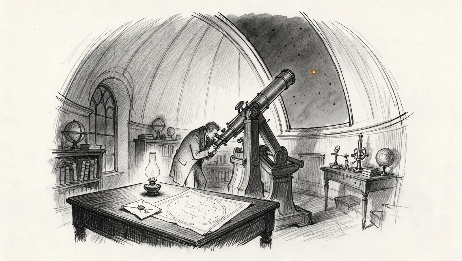 Ink drawing of an astronomer bent to the eyepiece of a long refracting telescope under an open observatory dome, an opened letter and a star chart on the desk, and one amber dot among the stars.