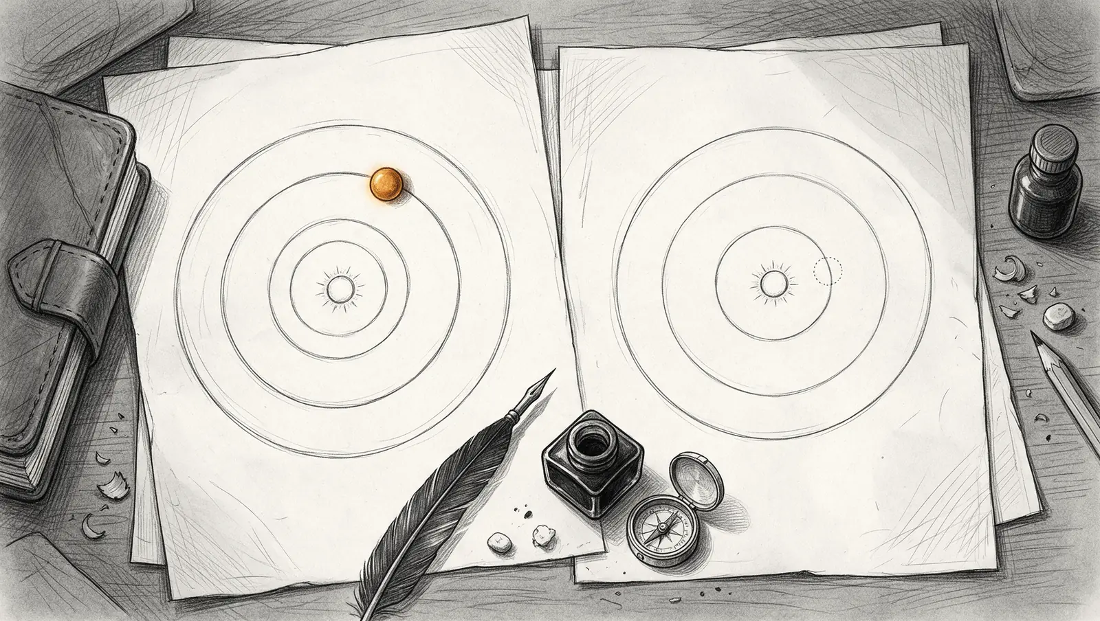 Ink drawing of two sheets of paper side by side on a desk, each with a sun and orbit circles. The left one has a solid amber planet on its orbit, the right one only an empty dotted circle close to the sun.
