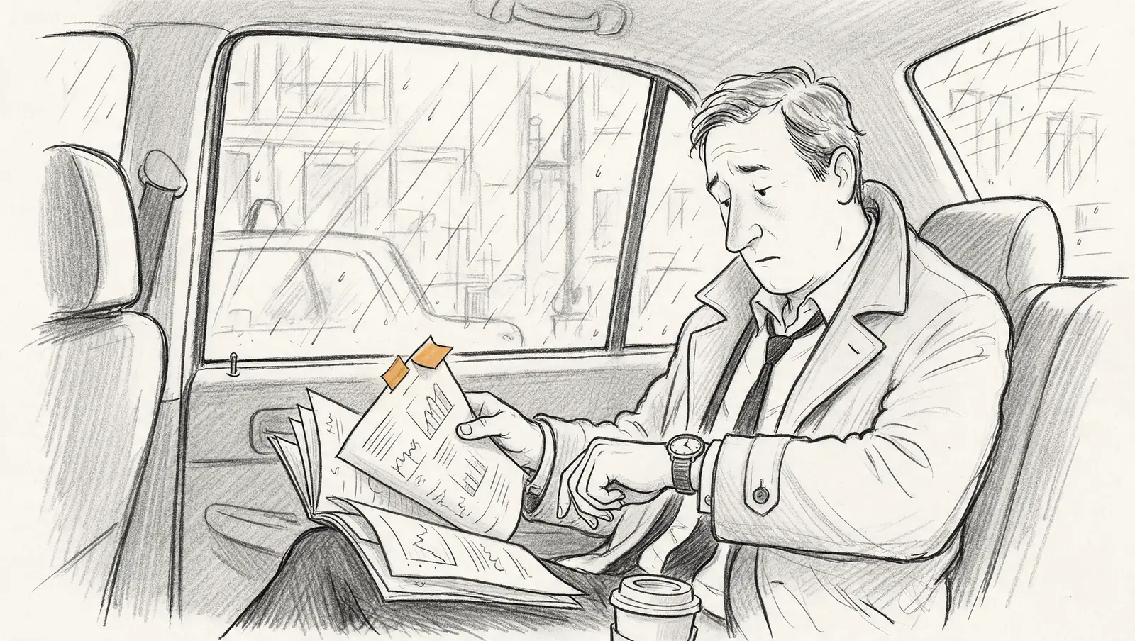 Ink drawing of a tired investor in an overcoat on the back seat of a taxi in the rain, checking his watch while flipping through a printed deck marked with amber sticky notes.