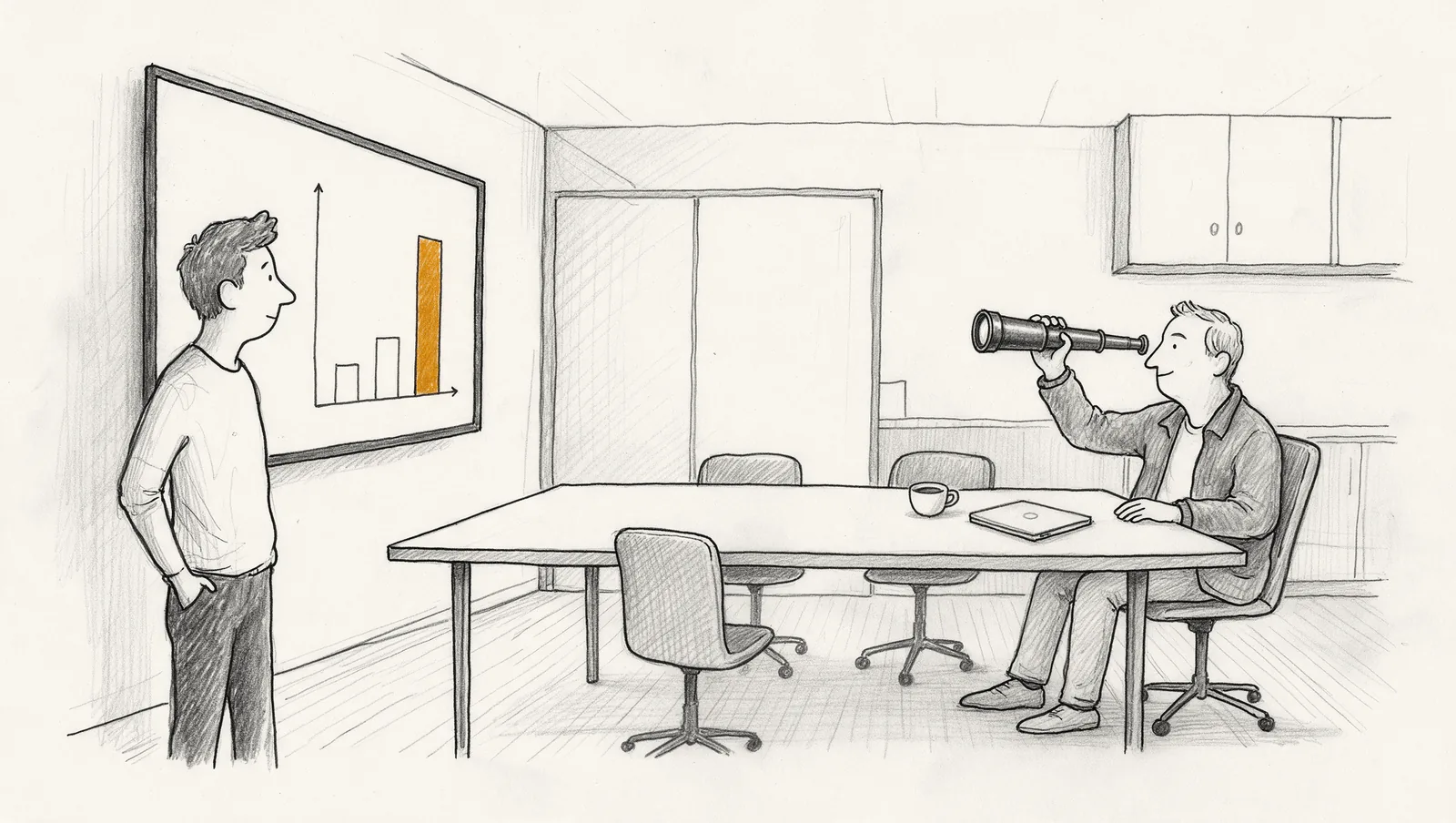 Ink drawing of a meeting room where a founder stands by a screen showing a bar chart with one tall amber bar, while an investor at the far end of the table studies it through a spyglass.
