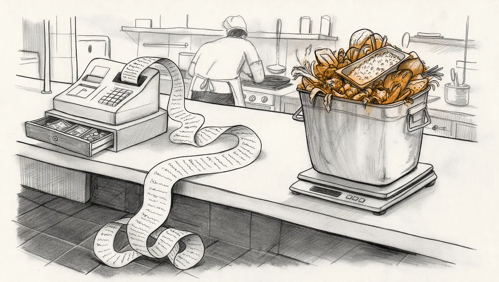 Ink drawing of a restaurant kitchen counter with a cash register whose very long receipt curls down to the floor, and beside it a bin on a weighing scale, overflowing with food scraps tinted amber.